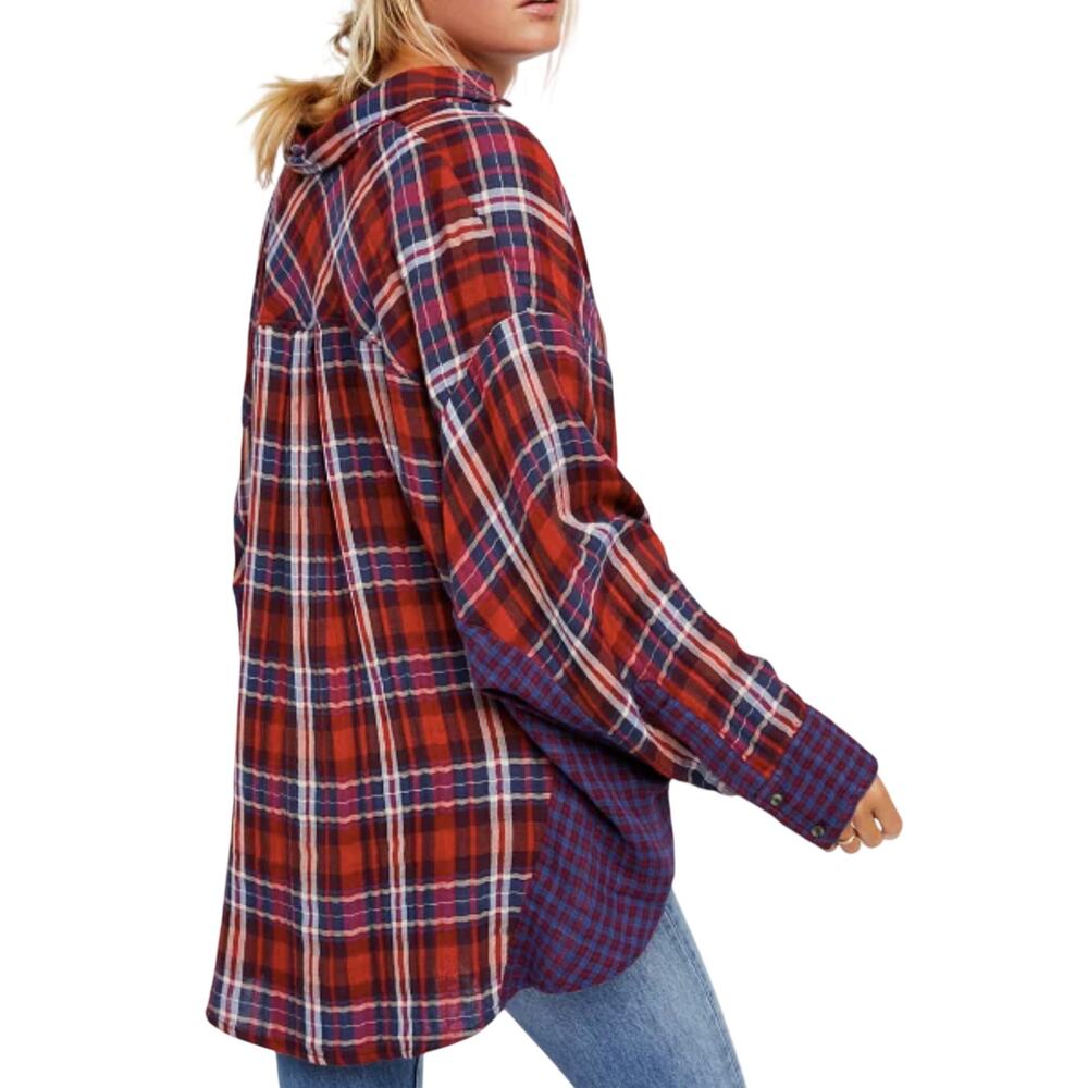 Free People One of the Guys Flannel Plaid Cotton Red White Blue Long Sleeve Top - Picture 2 of 13